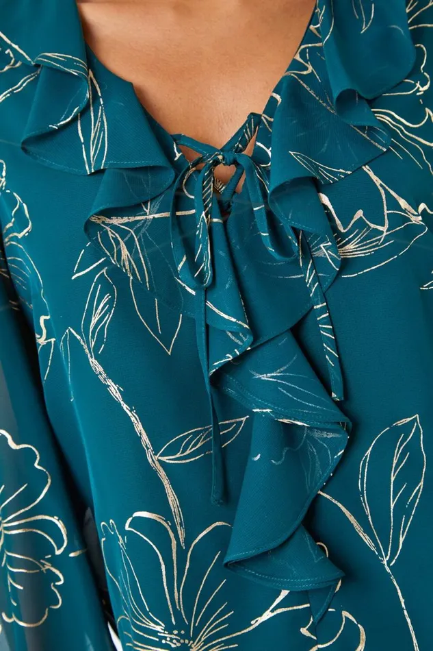 Green Metallic Floral Print Ruffle Top Women Roman Tops