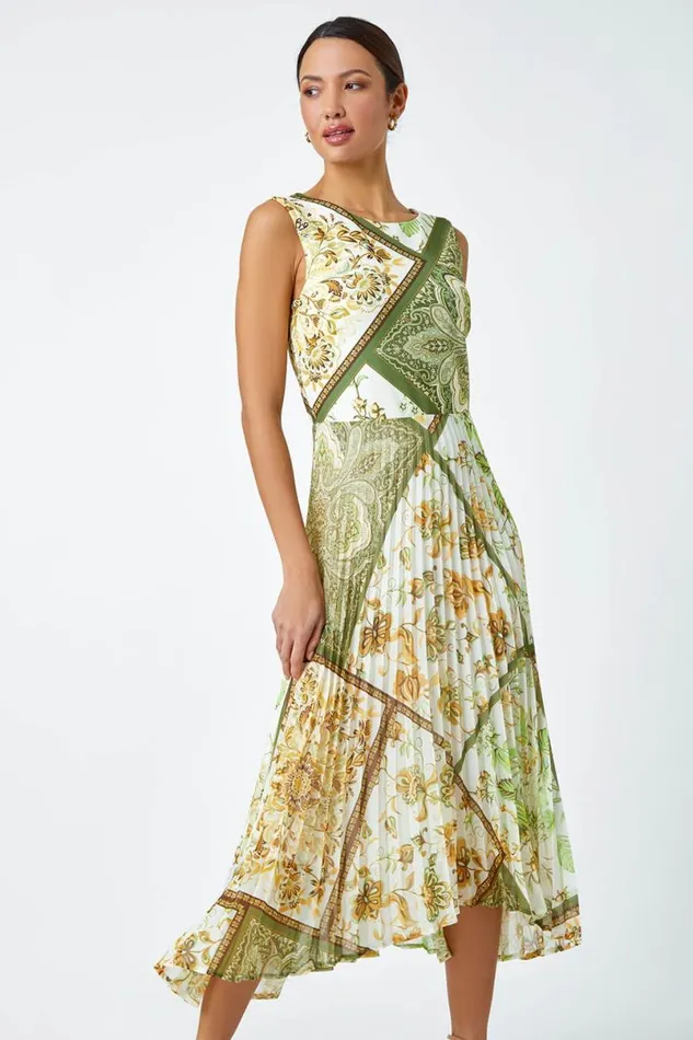 Green Paisley Scarf Print Pleated Midi Dress Women Roman Dresses