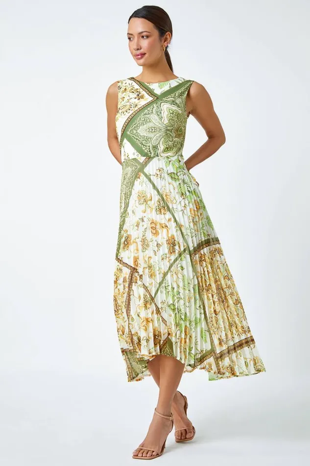 Green Paisley Scarf Print Pleated Midi Dress Women Roman Dresses
