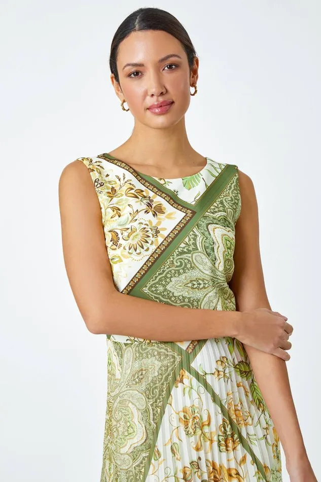 Green Paisley Scarf Print Pleated Midi Dress Women Roman Dresses