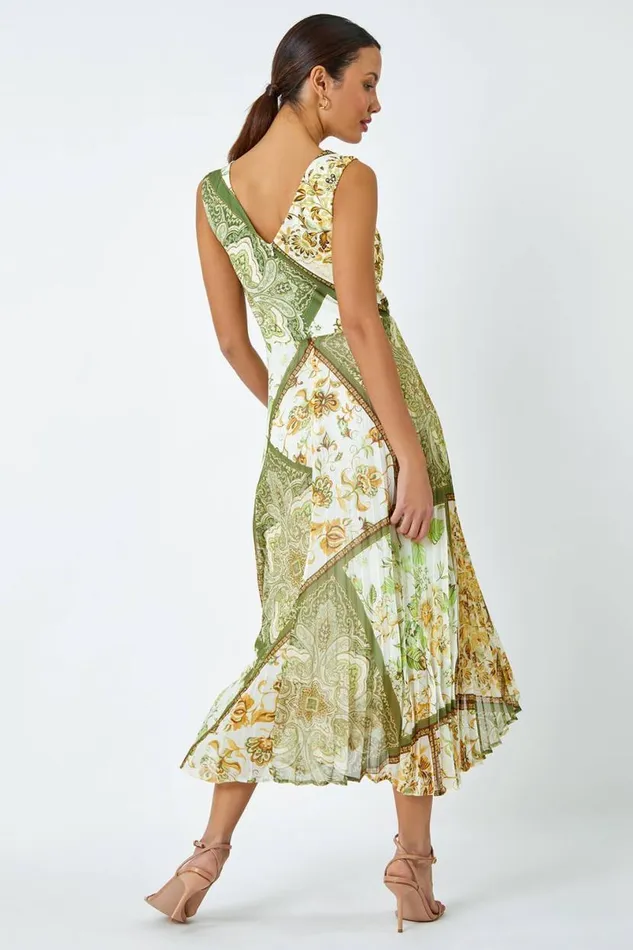 Green Paisley Scarf Print Pleated Midi Dress Women Roman Dresses