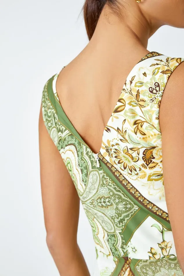 Green Paisley Scarf Print Pleated Midi Dress Women Roman Dresses