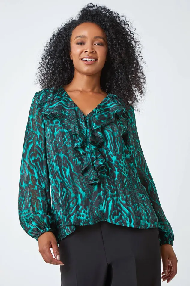 Green Petite Animal Print Chiffon Frill Detail Top Women Roman Tops