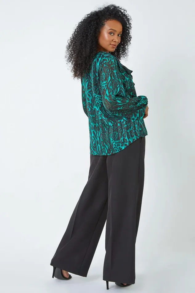 Green Petite Animal Print Chiffon Frill Detail Top Women Roman Tops