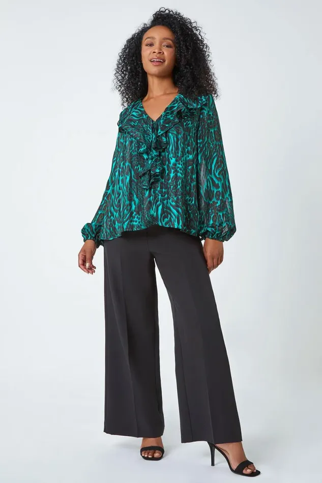 Green Petite Animal Print Chiffon Frill Detail Top Women Roman Tops