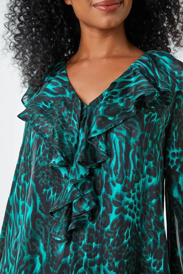Green Petite Animal Print Chiffon Frill Detail Top Women Roman Tops