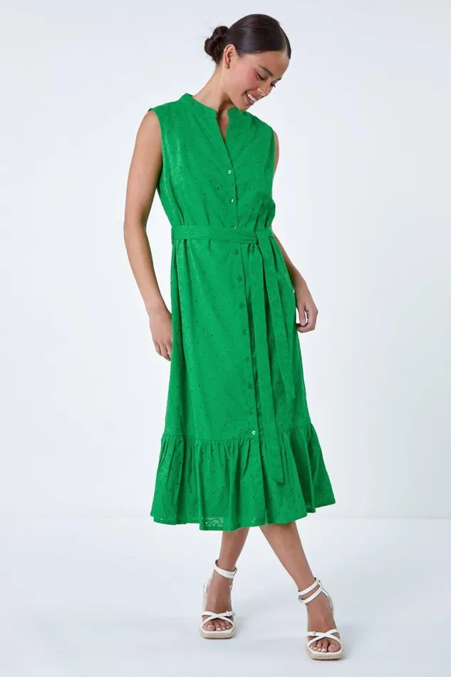 Green Petite Cotton Broderie Frill Midi Dress Women Roman Dresses