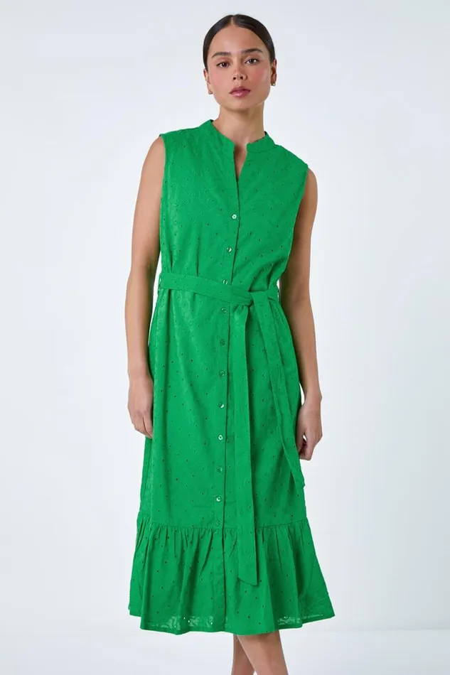 Green Petite Cotton Broderie Frill Midi Dress Women Roman Dresses