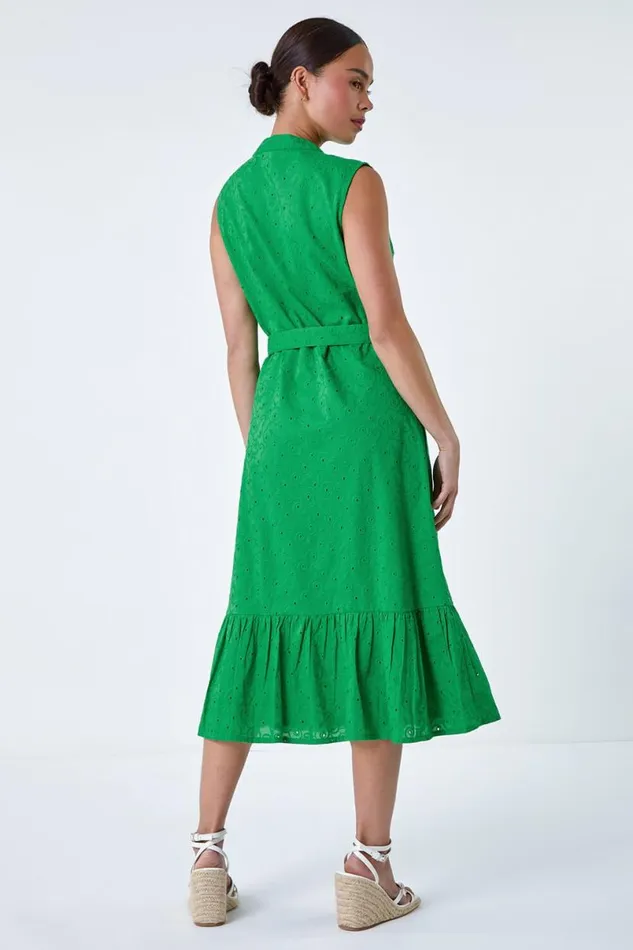 Green Petite Cotton Broderie Frill Midi Dress Women Roman Dresses