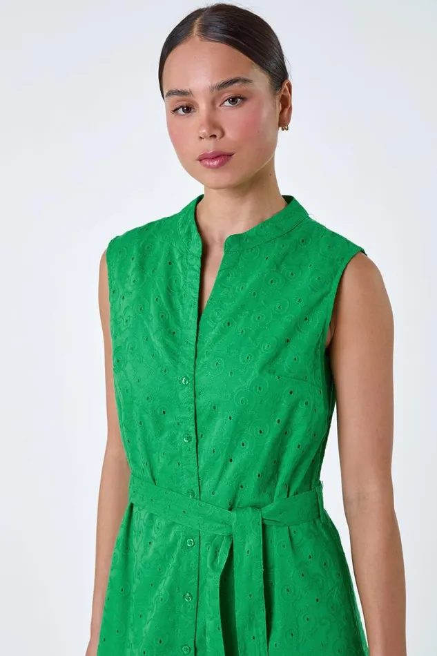 Green Petite Cotton Broderie Frill Midi Dress Women Roman Dresses