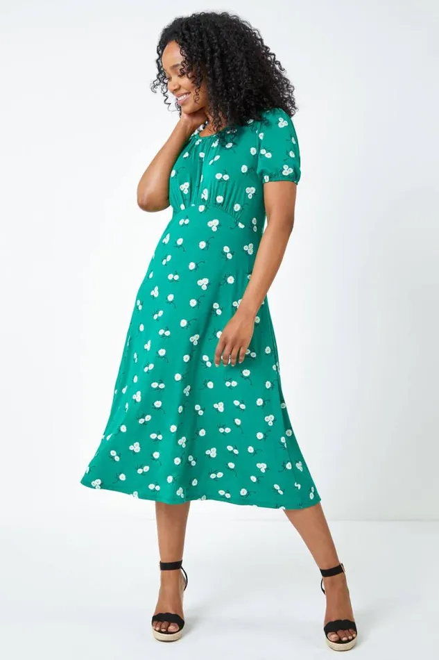 Green Petite Floral Print Midi Dress Women Roman Dresses
