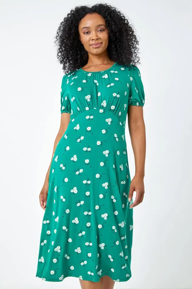 Green Petite Floral Print Midi Dress Women Roman Dresses