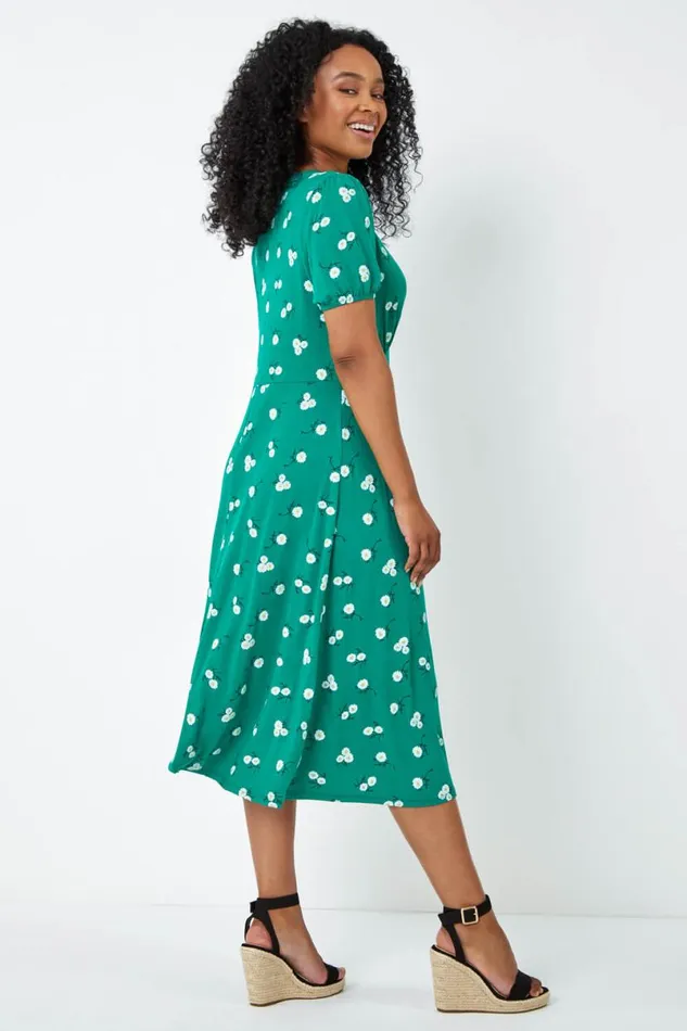 Green Petite Floral Print Midi Dress Women Roman Dresses