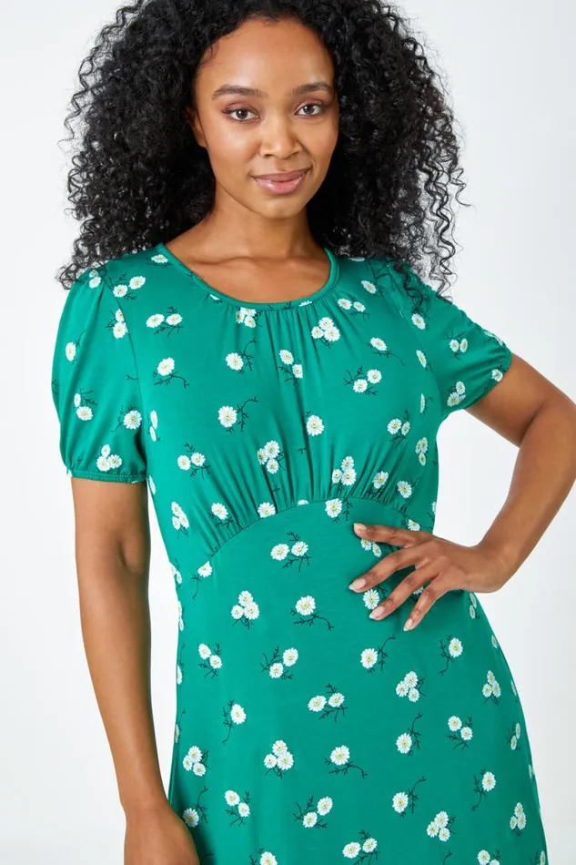 Green Petite Floral Print Midi Dress Women Roman Dresses