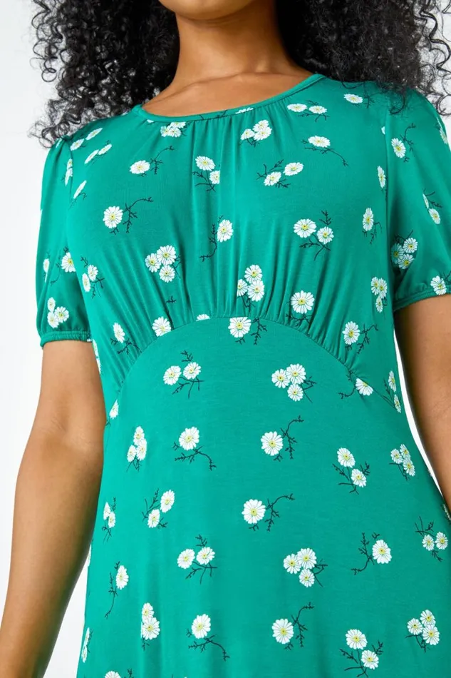 Green Petite Floral Print Midi Dress Women Roman Dresses