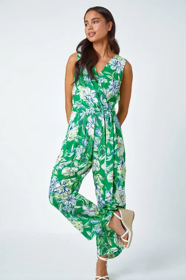 Green Petite Floral Stretch Wrap Jumpsuit Women Roman Dresses