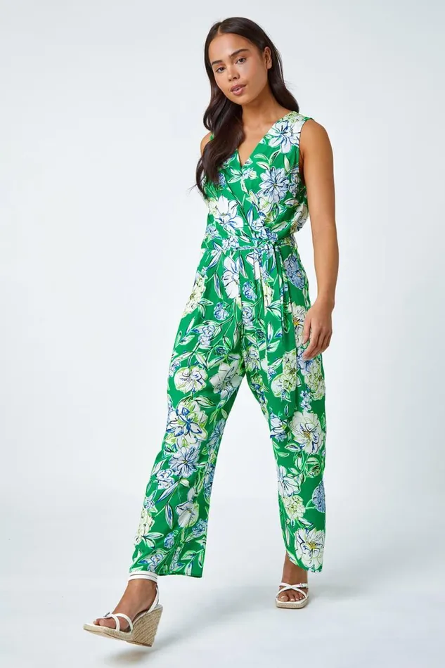 Green Petite Floral Stretch Wrap Jumpsuit Women Roman Dresses