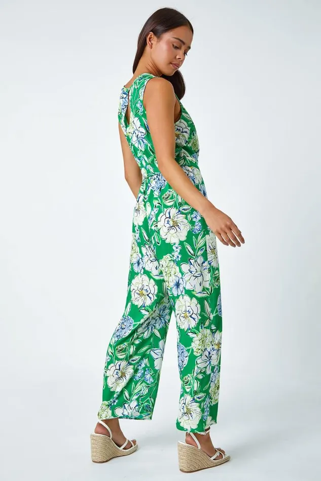 Green Petite Floral Stretch Wrap Jumpsuit Women Roman Dresses
