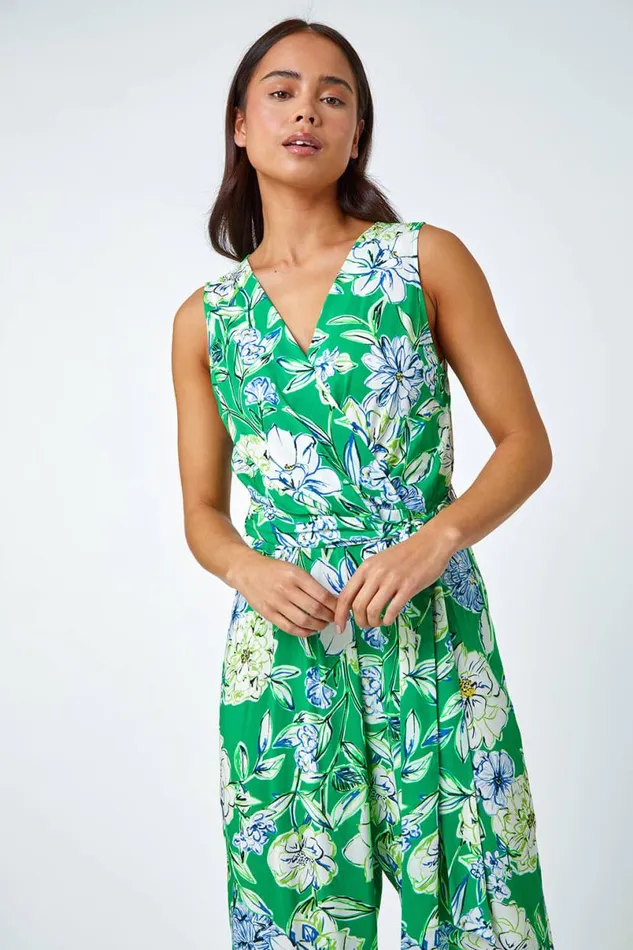 Green Petite Floral Stretch Wrap Jumpsuit Women Roman Dresses