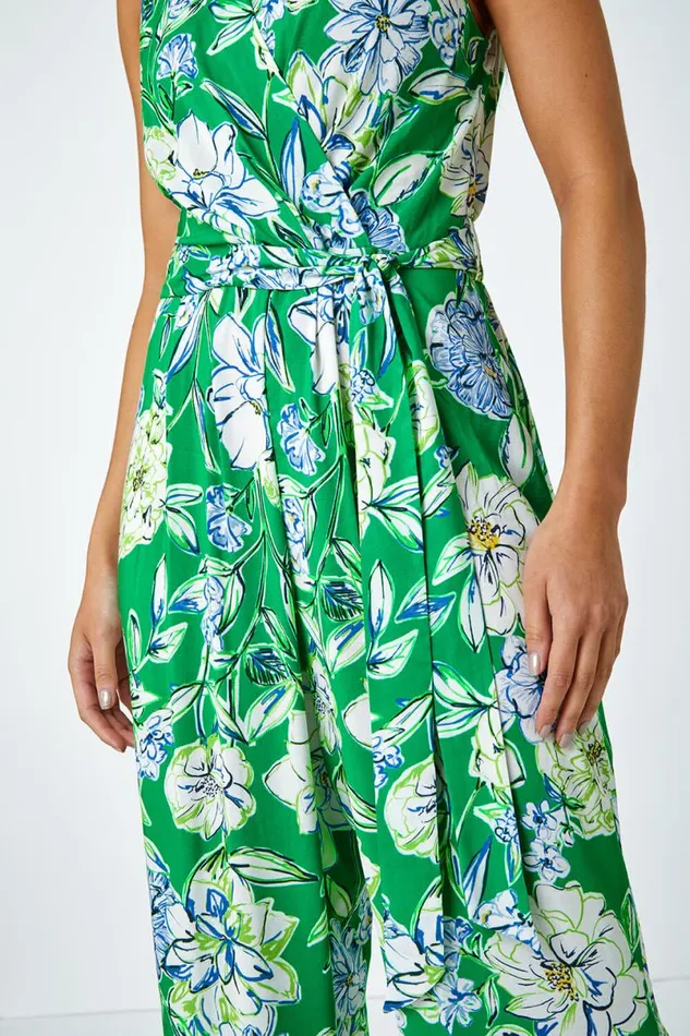Green Petite Floral Stretch Wrap Jumpsuit Women Roman Dresses