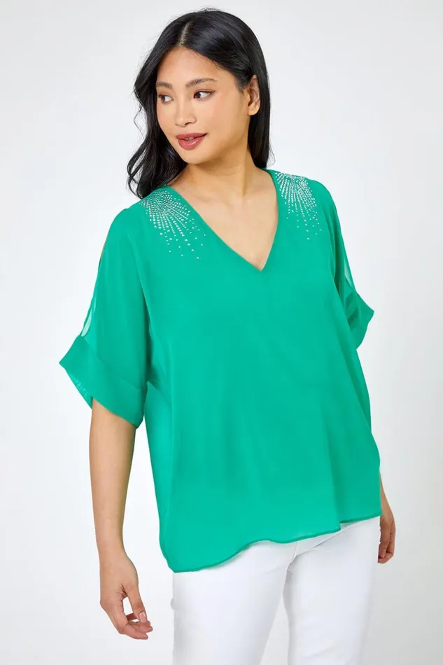 Green Petite Hotfix Detail Cold Shoulder Chiffon Top Women Roman Tops