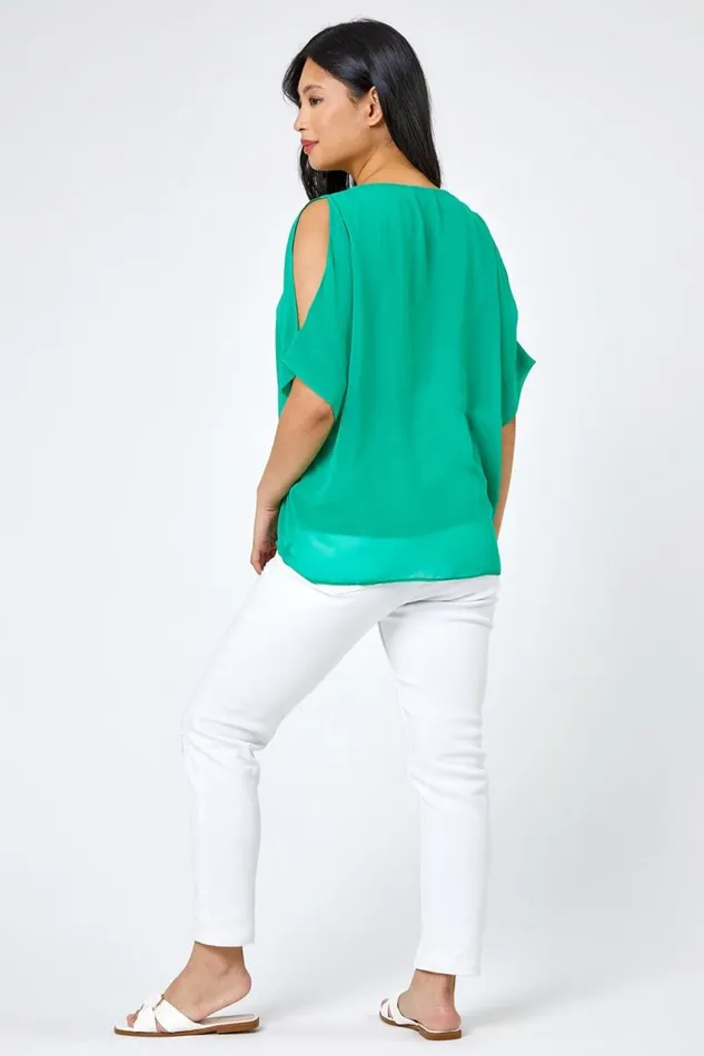 Green Petite Hotfix Detail Cold Shoulder Chiffon Top Women Roman Tops