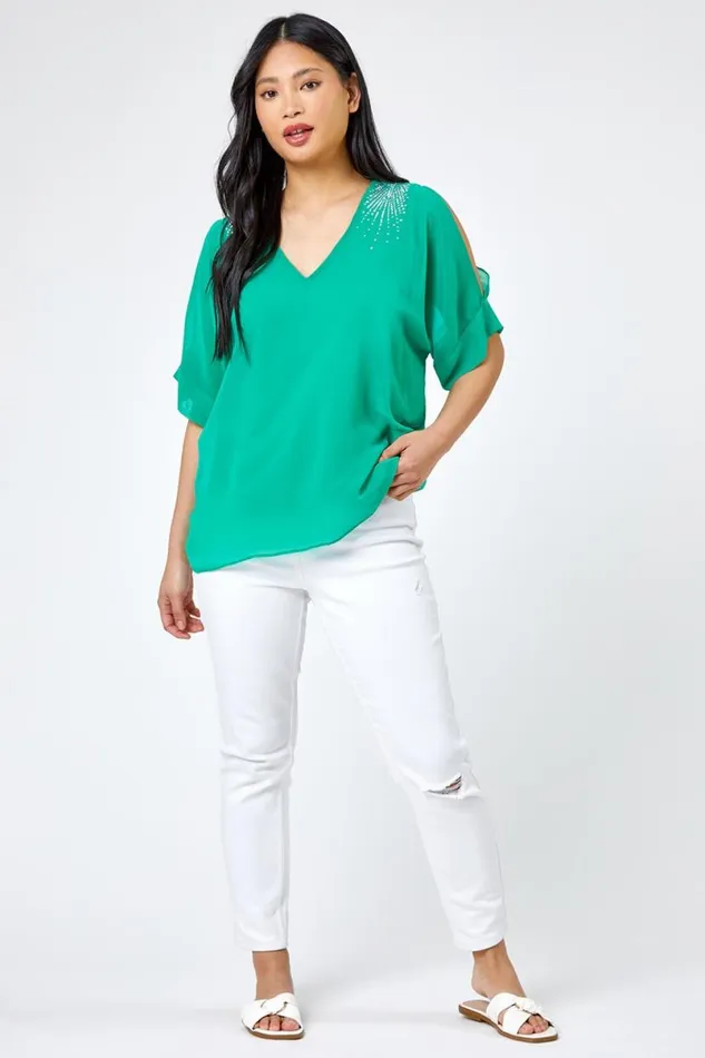 Green Petite Hotfix Detail Cold Shoulder Chiffon Top Women Roman Tops