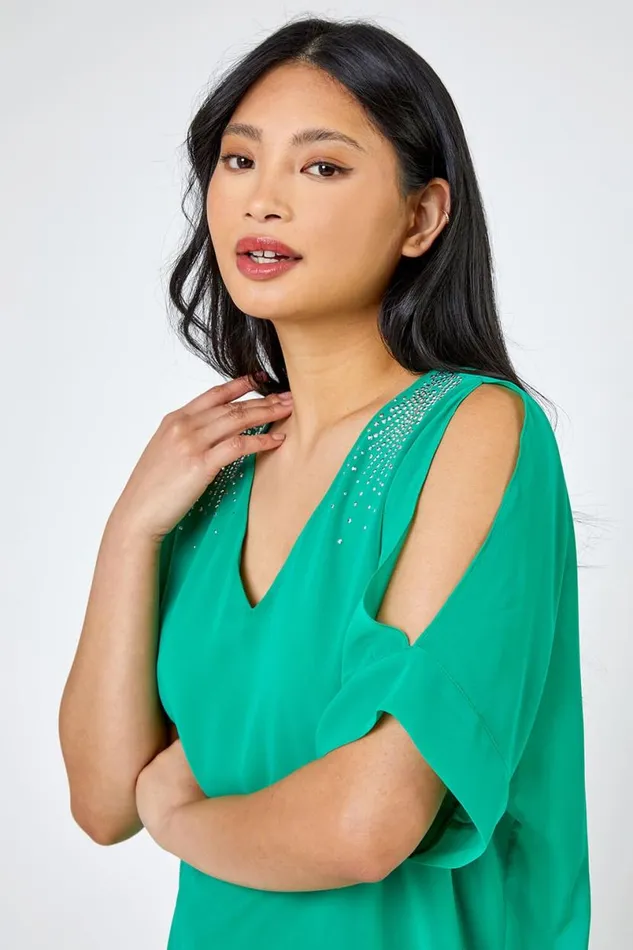 Green Petite Hotfix Detail Cold Shoulder Chiffon Top Women Roman Tops