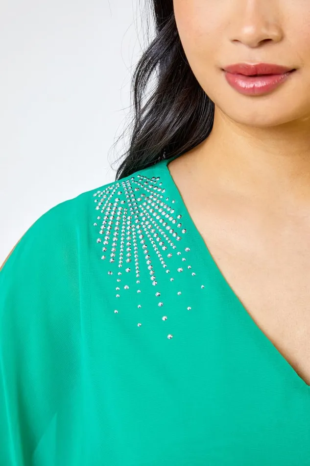 Green Petite Hotfix Detail Cold Shoulder Chiffon Top Women Roman Tops
