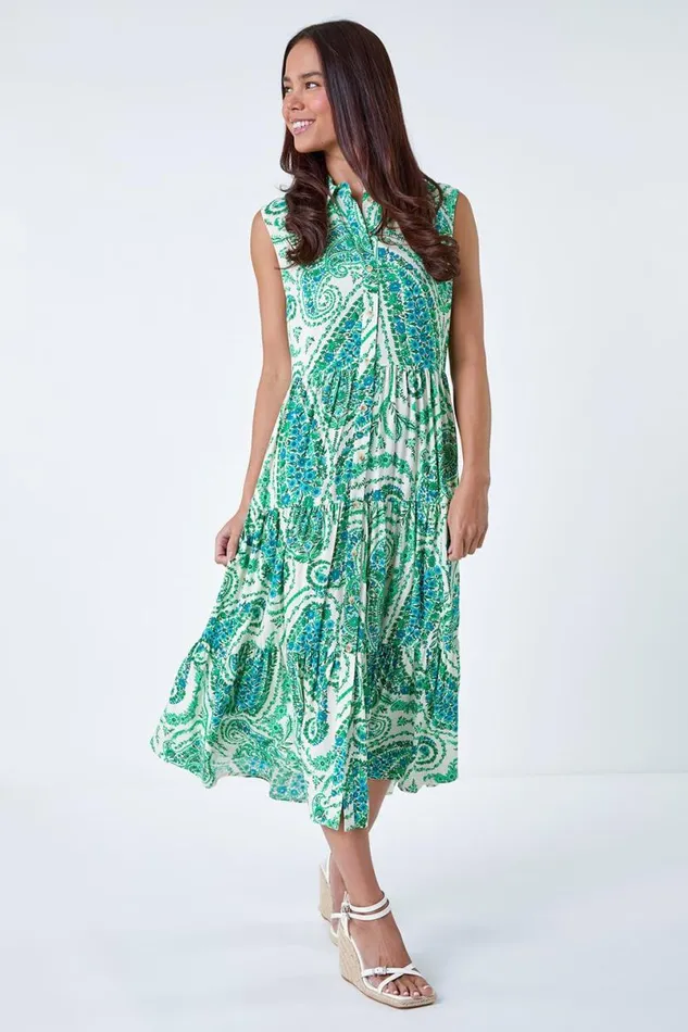 Green Petite Paisley Print Midi Shirt Dress Women Roman Dresses