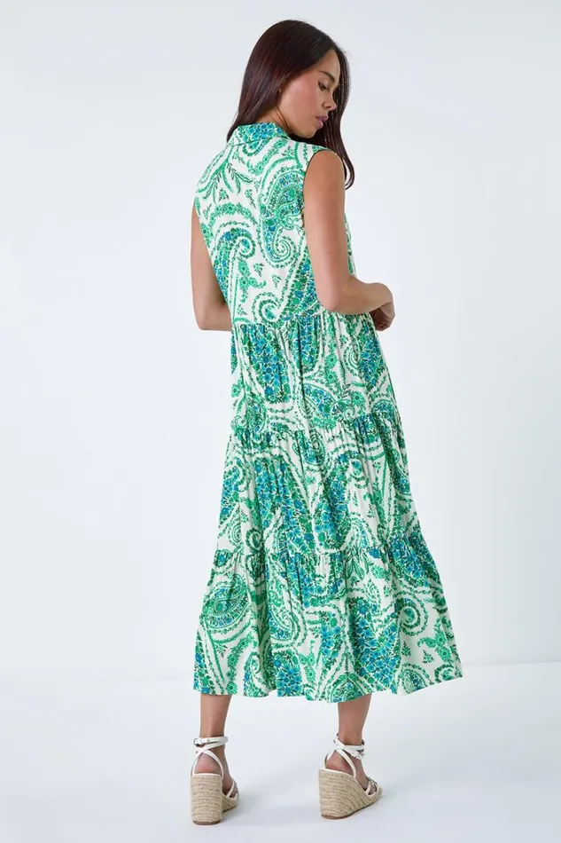 Green Petite Paisley Print Midi Shirt Dress Women Roman Dresses