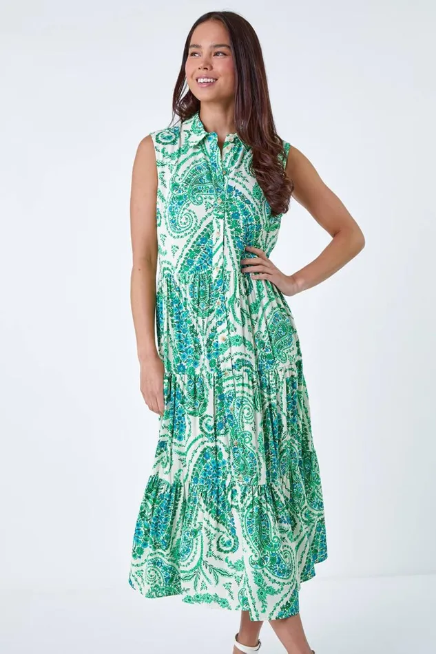 Green Petite Paisley Print Midi Shirt Dress Women Roman Dresses