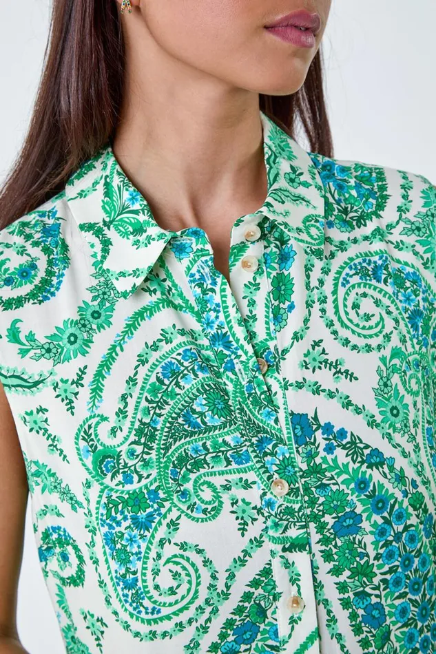 Green Petite Paisley Print Midi Shirt Dress Women Roman Dresses