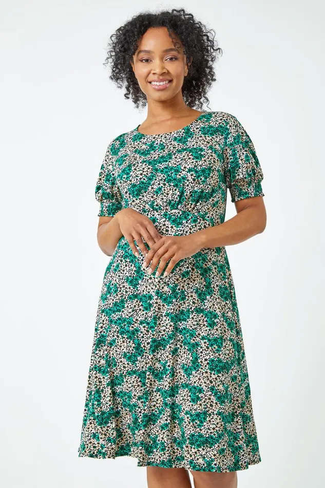 Green Petite Shirred Sleeve Floral Dress Women Roman Dresses