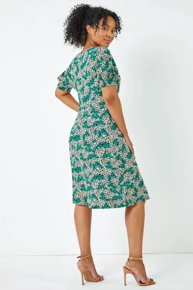 Green Petite Shirred Sleeve Floral Dress Women Roman Dresses