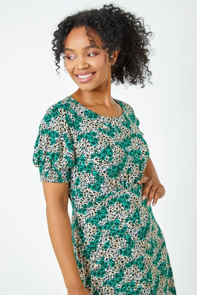 Green Petite Shirred Sleeve Floral Dress Women Roman Dresses