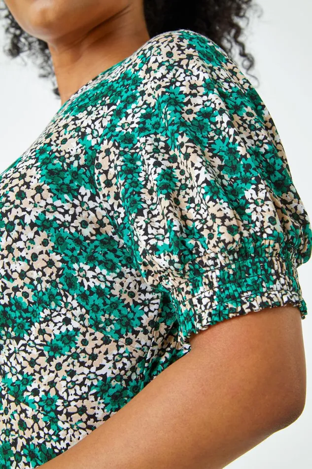 Green Petite Shirred Sleeve Floral Dress Women Roman Dresses
