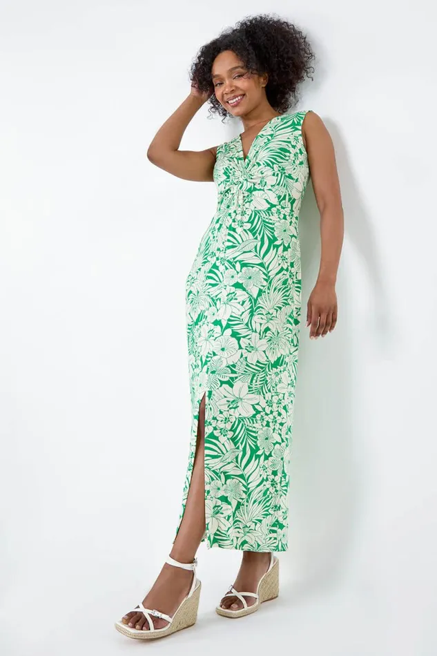 Green Petite Tropical Twist Stretch Maxi Dress Women Roman Dresses