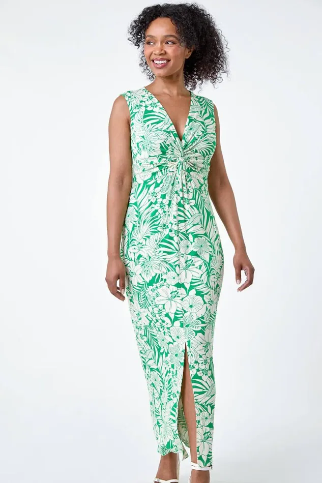 Green Petite Tropical Twist Stretch Maxi Dress Women Roman Dresses