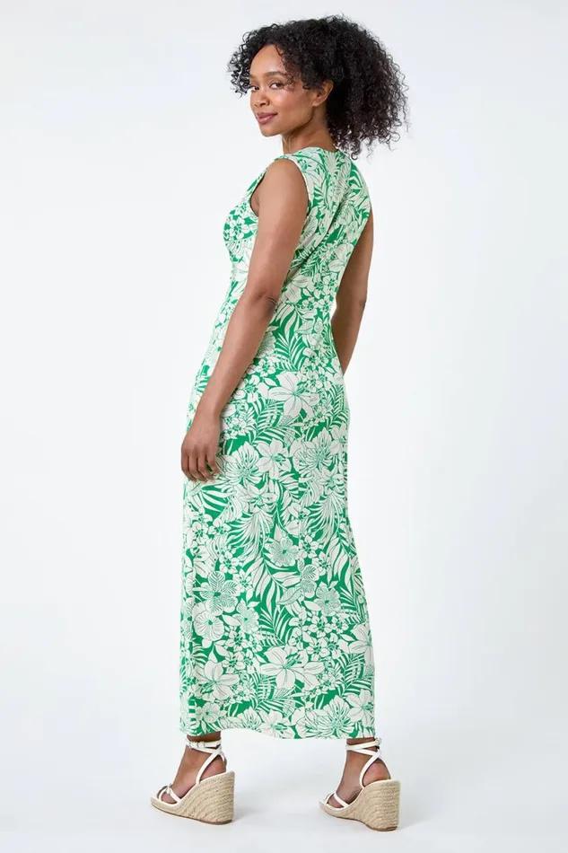 Green Petite Tropical Twist Stretch Maxi Dress Women Roman Dresses