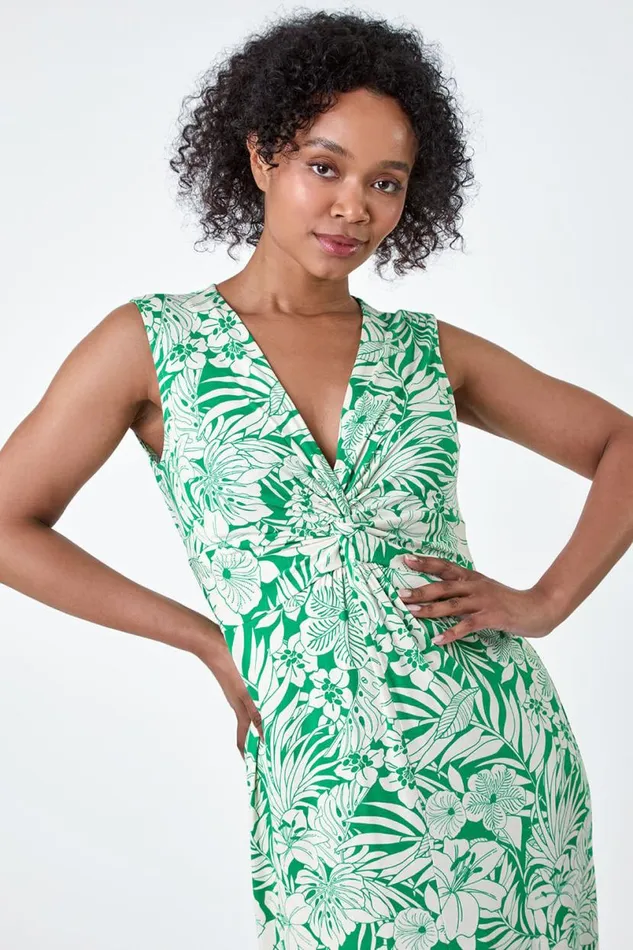Green Petite Tropical Twist Stretch Maxi Dress Women Roman Dresses