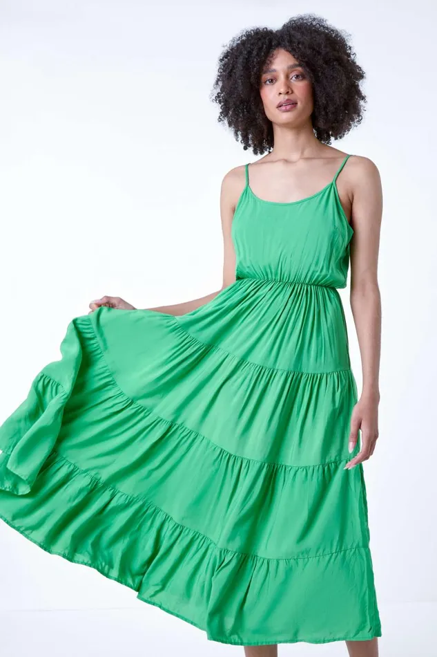 Green Plain Tiered Midi Dress Women Roman Dresses