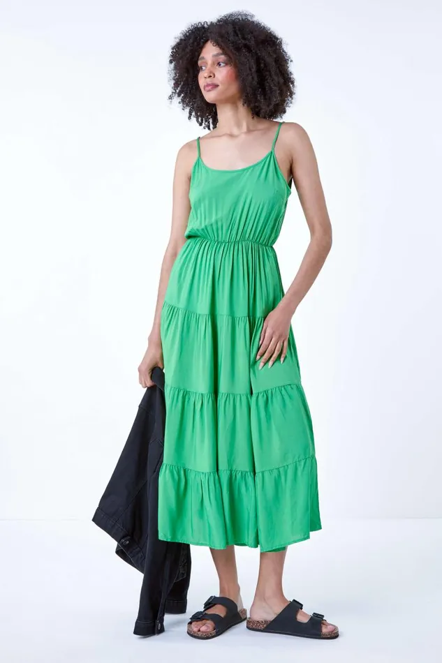 Green Plain Tiered Midi Dress Women Roman Dresses
