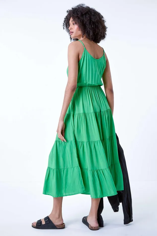 Green Plain Tiered Midi Dress Women Roman Dresses