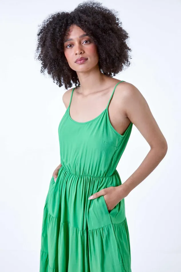 Green Plain Tiered Midi Dress Women Roman Dresses
