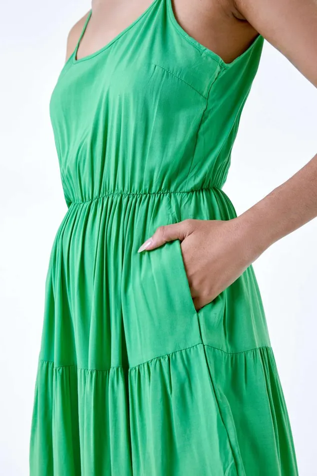 Green Plain Tiered Midi Dress Women Roman Dresses