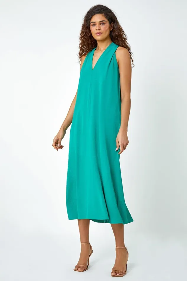 Green Plain Twist Detail Trapeze Maxi Dress Women Roman Dresses