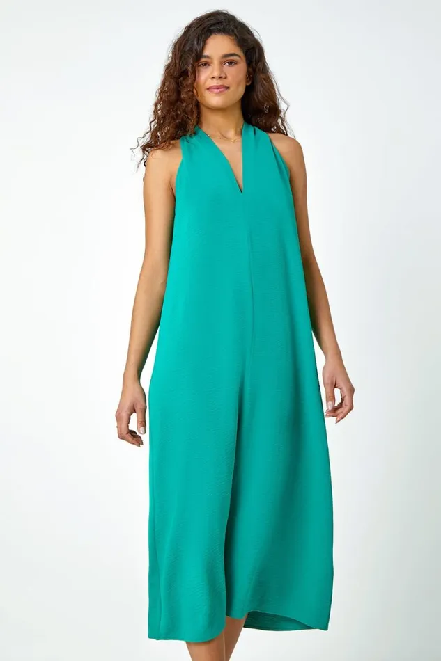 Green Plain Twist Detail Trapeze Maxi Dress Women Roman Dresses