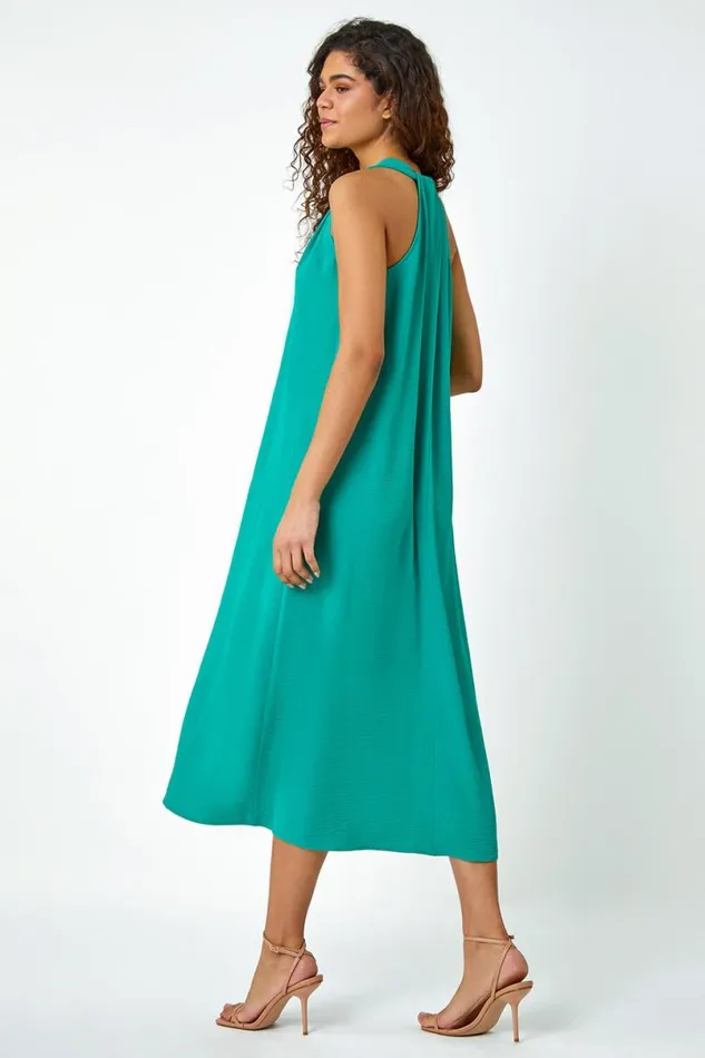 Green Plain Twist Detail Trapeze Maxi Dress Women Roman Dresses