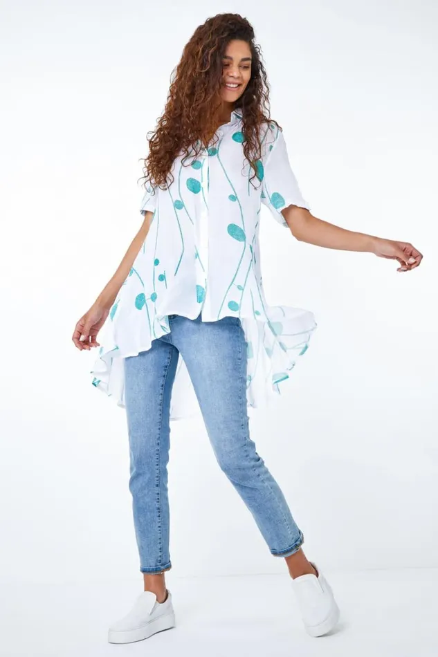 Green Spot Print Button Through Shirt Women Roman Tops